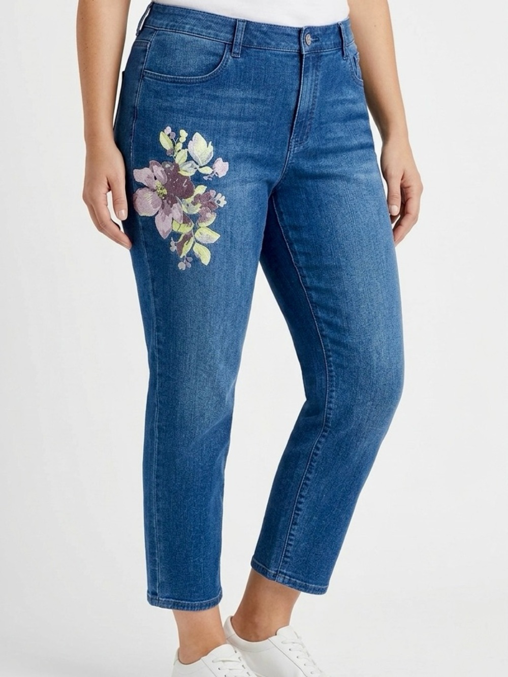 CHICO’S Stretchy Appliqué Blue Cropped Ankle Jeans w Purple Rose Floral Design
